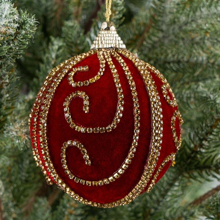 Ёлочная игрушка Красный бархатный шар с узором из страз Rhinestone Pattern Velvet Ball Red 10 cm