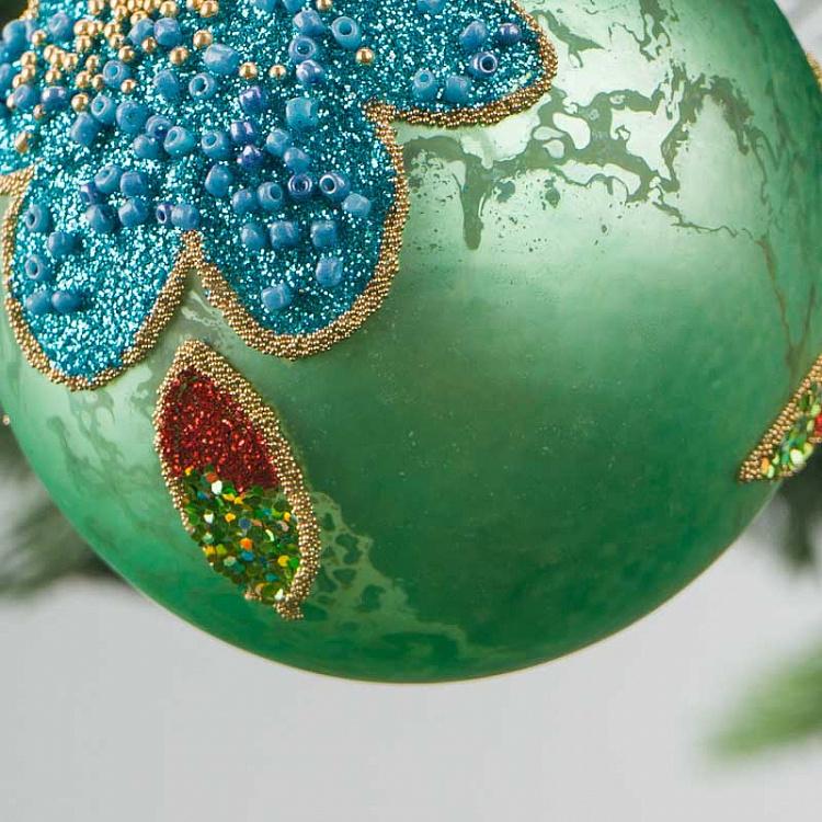 Ёлочная игрушка Зелёный Шар с цветком Ball With Flower Green 8 cm