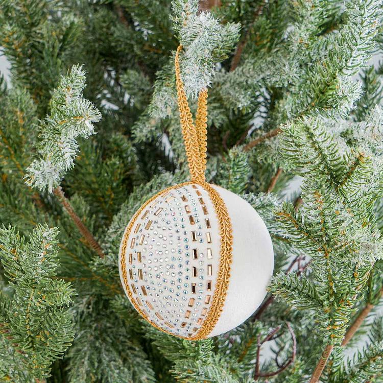 Ёлочная игрушка Белый бархатный шар с золотистыми стразами Rhinestones Textile Ball White 9 cm