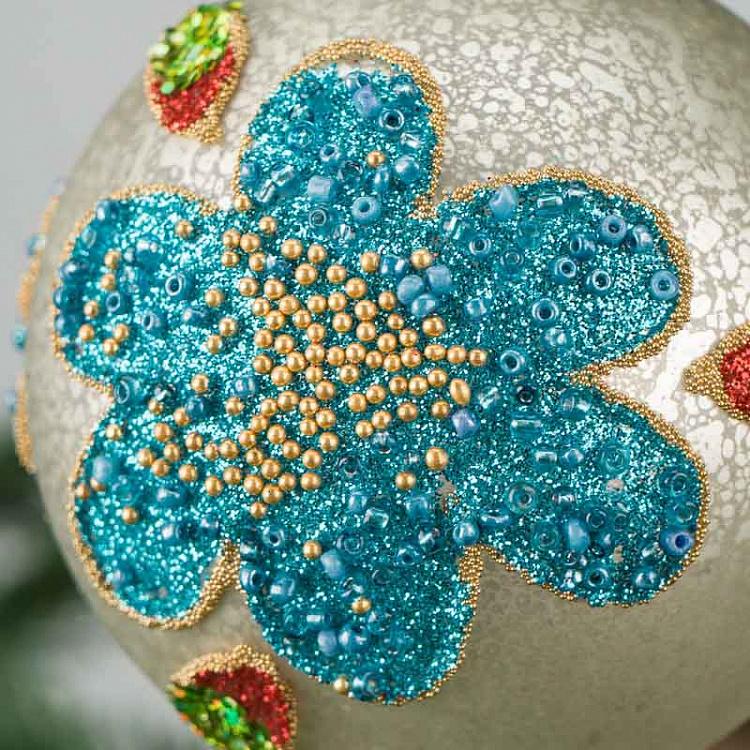 Ёлочная игрушка Бежевый шар с цветком Ball With Flower Champagne 8 cm