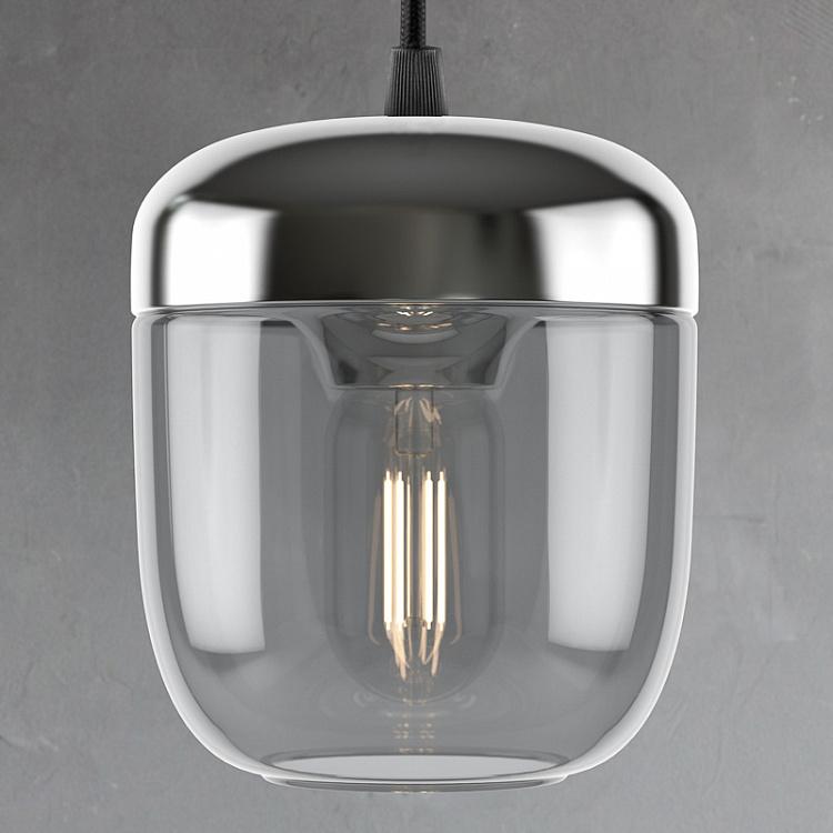 Серый подвесной светильник Жёлудь на чёрном проводе с плоским потолочным колпаком Acorn Smoked Steel Hanging Lamp With Black Cord Rosette