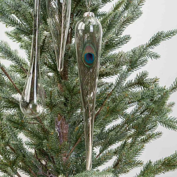 Набор из трёх ёлочных игрушек с пером павлина внутри Set Of 3 Glass Peacock Plume Icicle Drop 30 cm
