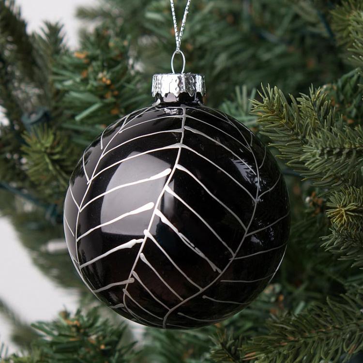 Набор из двух ёлочных шаров Золотые и Серебряные штрихи Set Of 2 Glass Fishbone Pattern Balls Black 8 cm