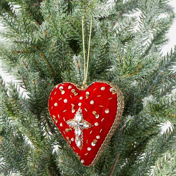 Ёлочная игрушка Красное бархатное сердце со стразами Rhinestone Pattern Velvet Heart Red 12 cm