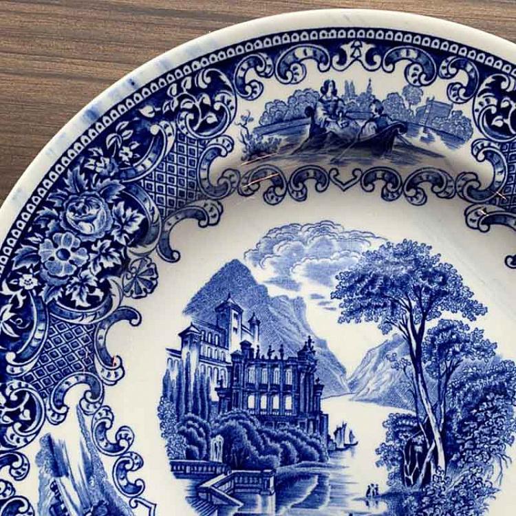 Винтажная тарелка белая с голубым мотивом 5, L Vintage Plate Blue White Large 5