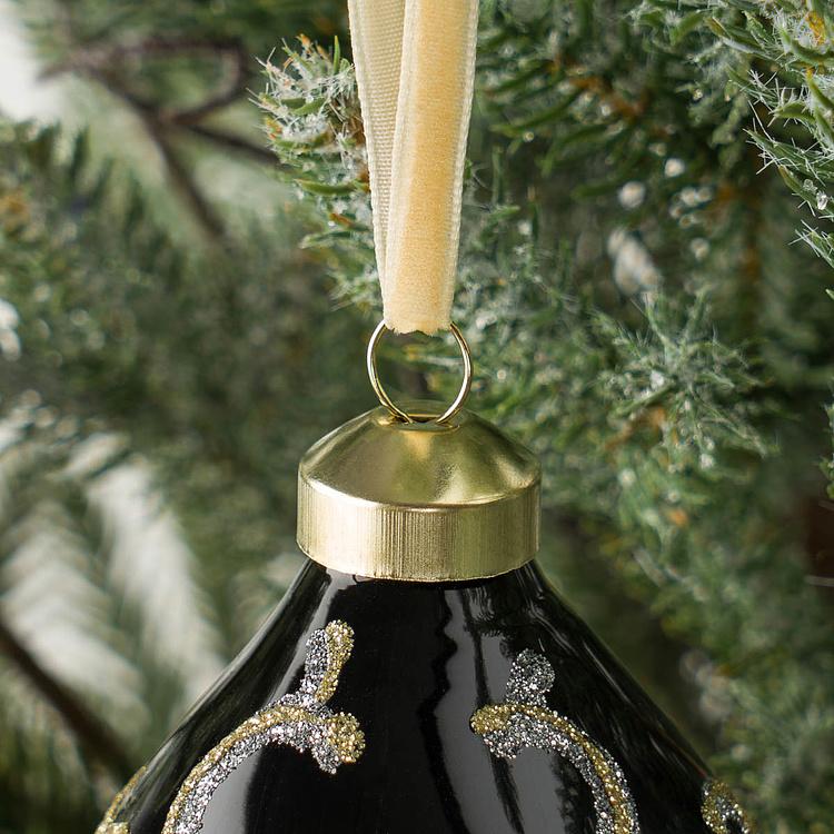 Ёлочная игрушка в форме Чёрной шишки с золотистым витиеватым узором Pattern Cone Ball Black 16 cm