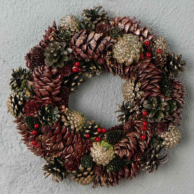 Новогодний позолоченный венок с шишками Gilt Berry Pinecone Wreath Green Brown 34 cm