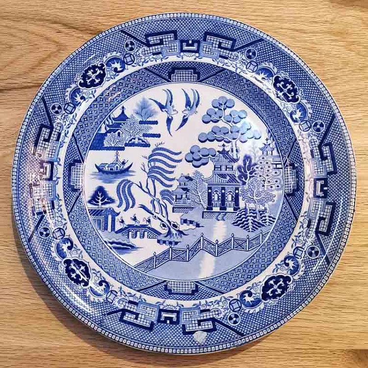 Винтажная тарелка белая с голубым мотивом 23, L Vintage Plate Blue White Large 23