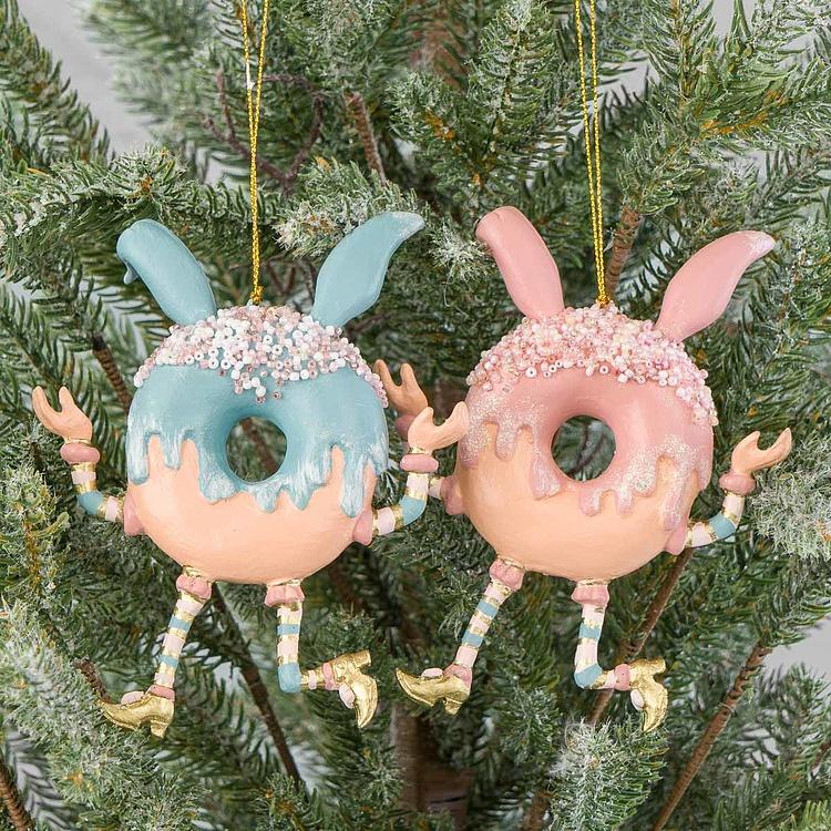 Набор из двух ёлочных игрушек Кролики-пончики Set Of 2 Candy Rabbit Donuts Blue Pink 14,5 cm