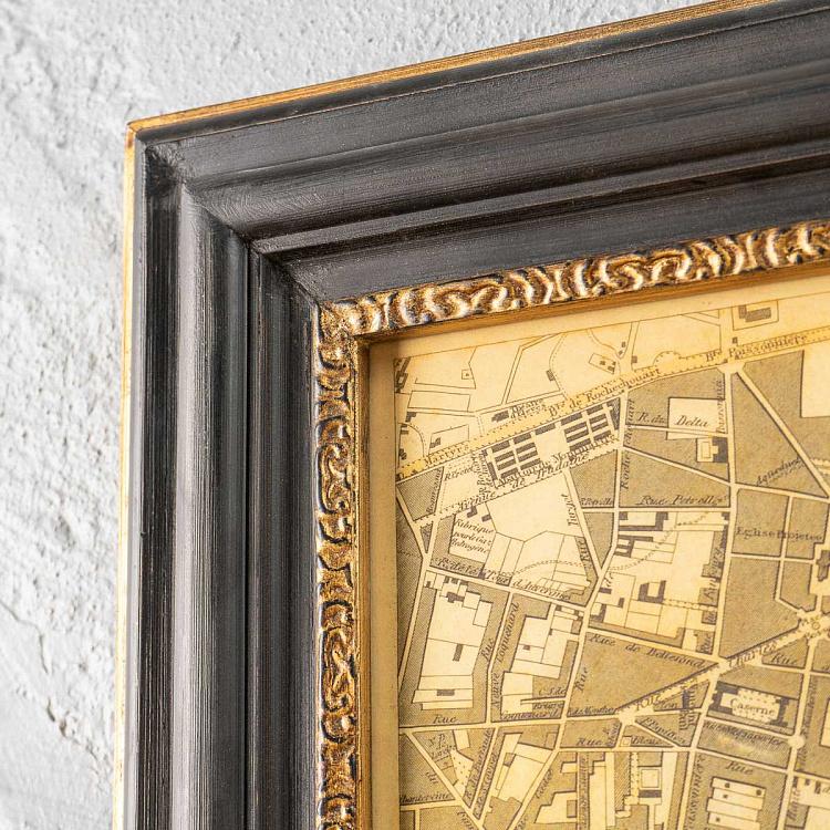 Винтажная картина-принт в чёрной с золотом раме Старинные карты Париж, Франция, 1834 Vintage Maps Paris, France, 1834, MP1 Frame