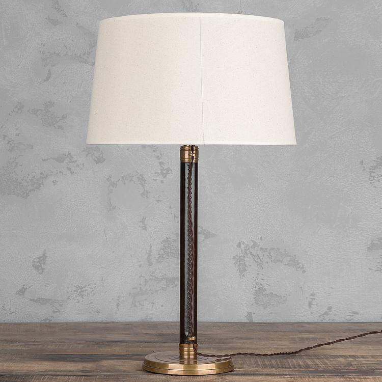 Настольная лампа с бежевым льняным абажуром Лонгфорд Table Lamp Stand Leather And Copper With Shade Beige Linen