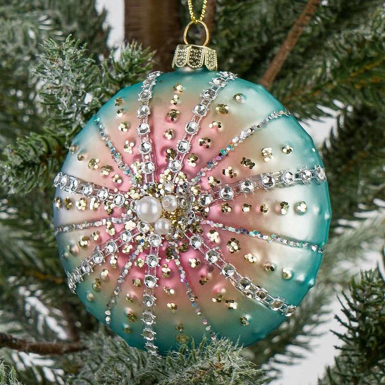 Набор из двух ёлочных игрушек Раковина и морской ёж Set Of 2 Glass Pearl Shells Urchin Blue Pink 10 cm