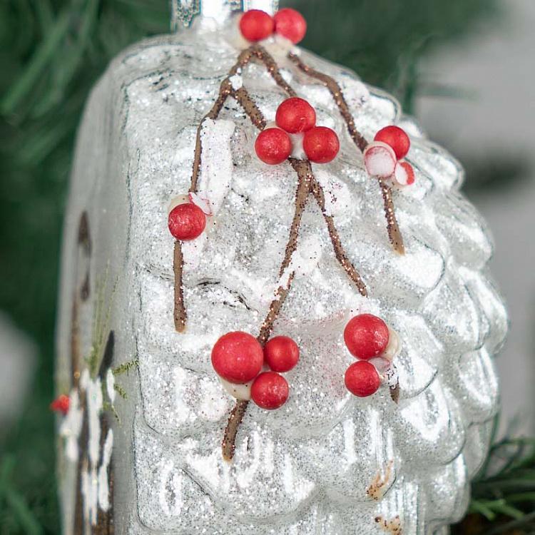 Ёлочная игрушка Белая шишка с птичкой Glass Bird Scene Pinecone White 12 cm