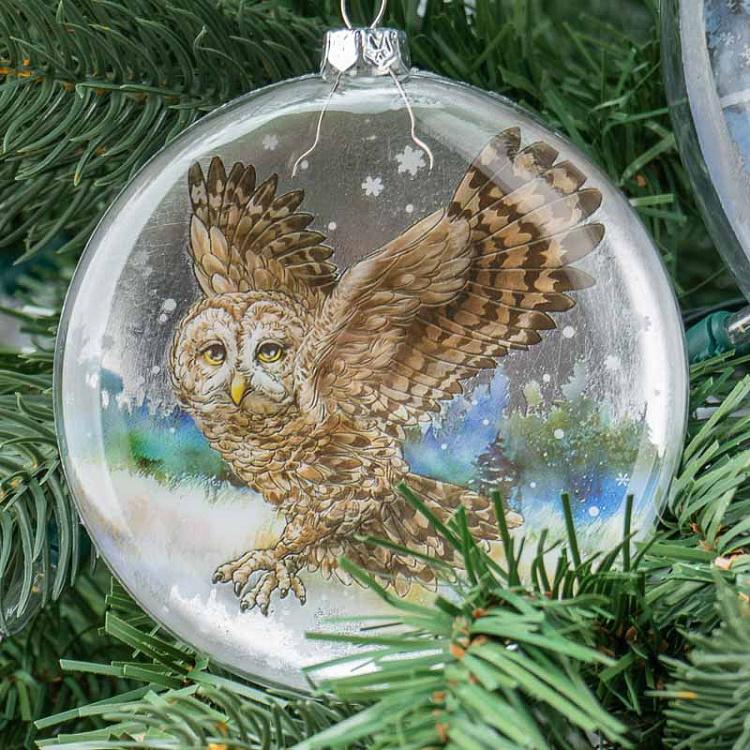 Набор из двух ёлочных игрушек Диски с оленем и совой Set Of 2 Glass Deer And Owl Disces White/Brown 11 cm