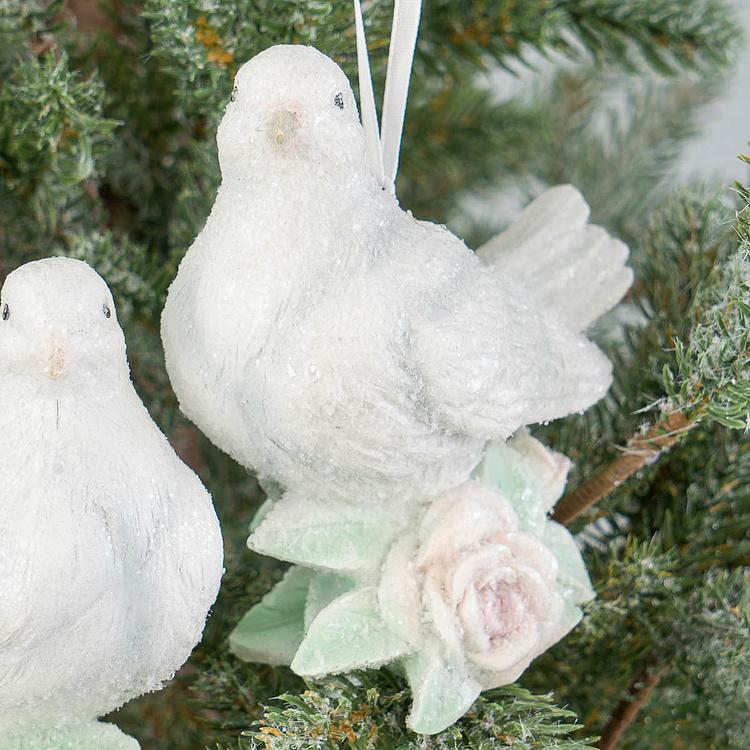 Набор из трёх ёлочных игрушек Белые голубки с розами Set Of 3 Ice Doves With Roses White 11,5 cm