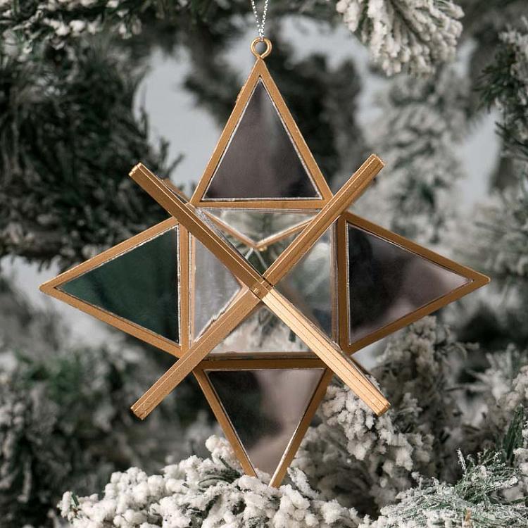 Ёлочная игрушка Зеркальная звезда серебряная с золотом 3D Mirror Star Gold Silver 14 cm