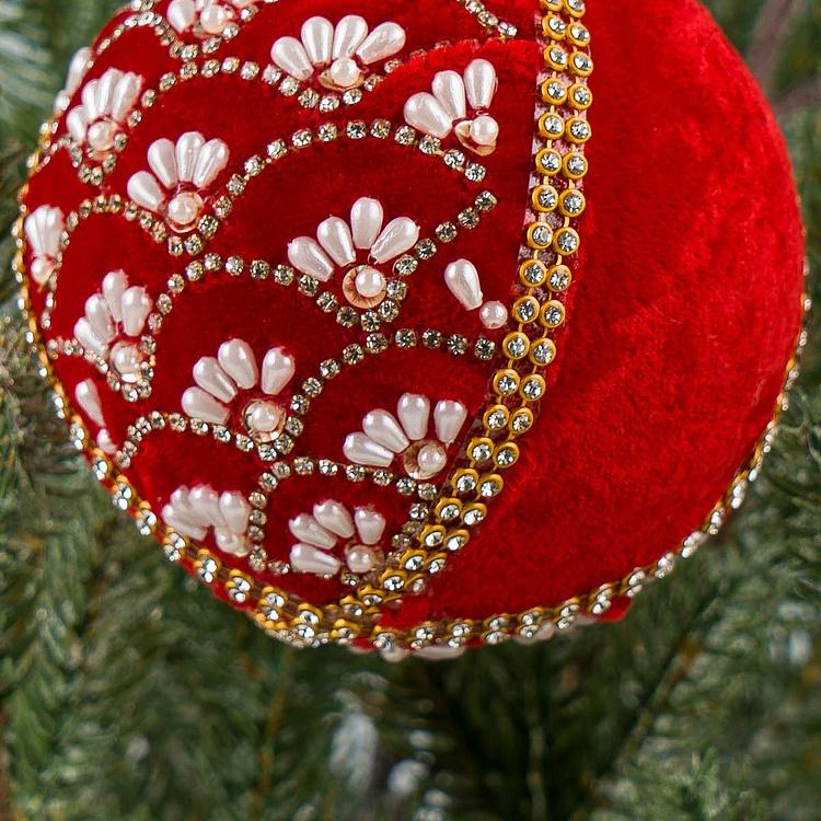 Ёлочная игрушка Красный шар с жемчугом и бисером Pearl Ornament Velvet Ball Red 10 cm
