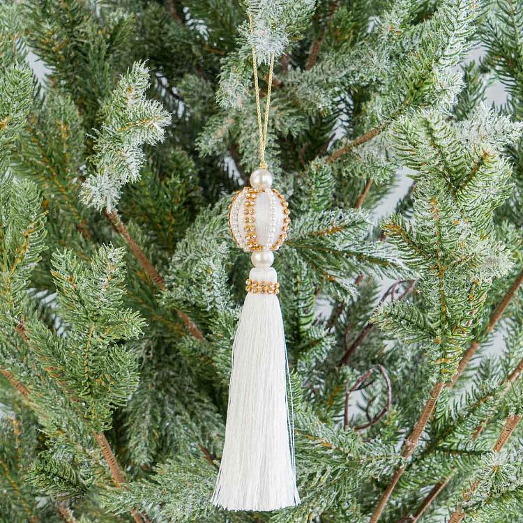 Новогодняя подвеска Белая кисточка с шариком и жемчужинами Pearls Ball Pendant With White Tassel 16 cm