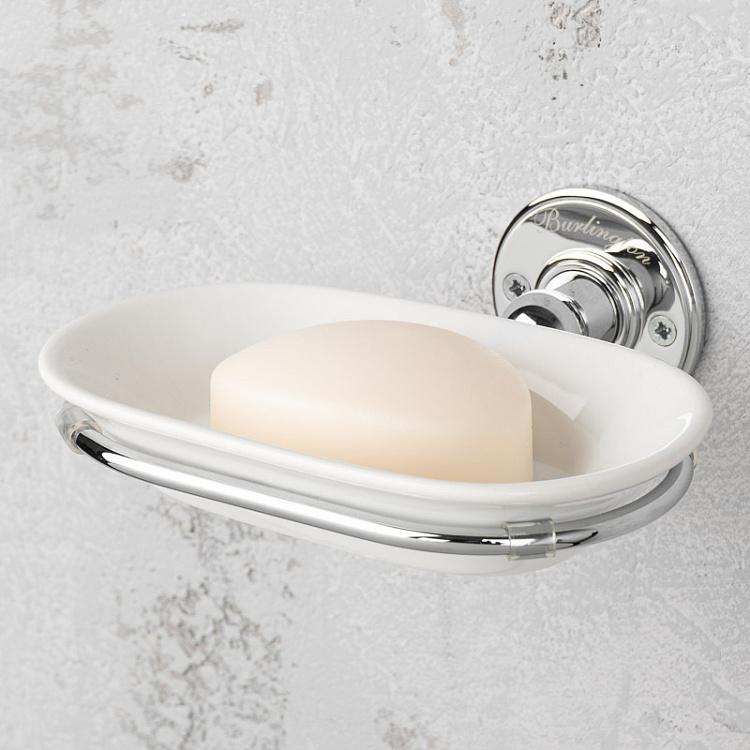 Настенная овальная белая мыльница в подставке цвета хром Soap Dish Chrome And White