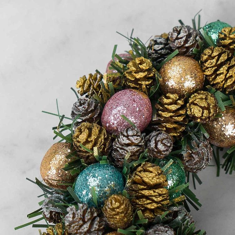 Новогодний венок с шишками и перламутровыми шарами 1, M Wreath Bagel 1 Medium