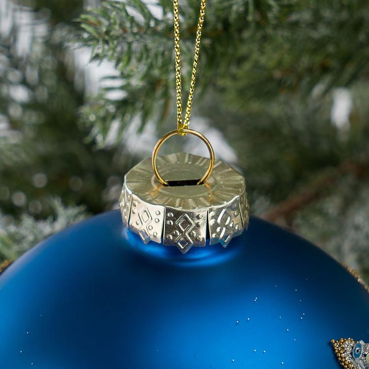 Набор из двух синих ёлочных шаров с серебряными цветами Set Of 2 Glass Sequence Flower Ball Blue Silver 10 cm