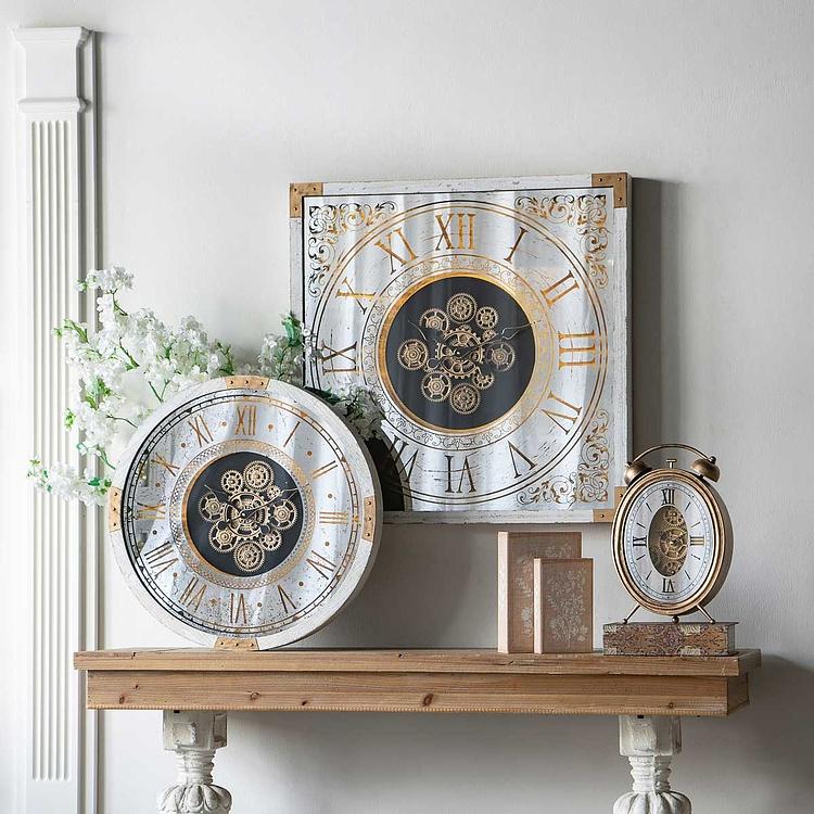 Настольные золотистые часы с шестерёнками и зеркальным циферблатом Честер 1 Chester Antique Gold Table Clock With Gears 1