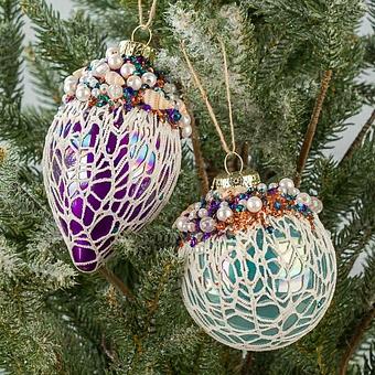 Set Of 2 Glass Shell Net Ball Blue Purple 12 cm