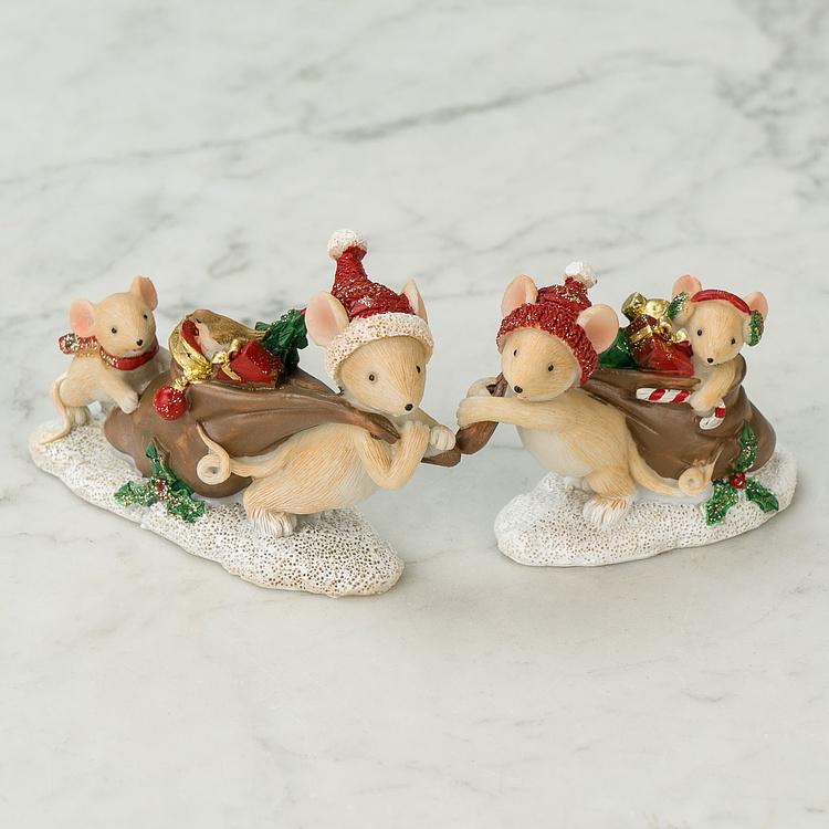 Набор из двух новогодних фигурок Мышки с мешками подарков Set Of 2 Xmas Mice With Gift Bag Brown Red White 12 cm