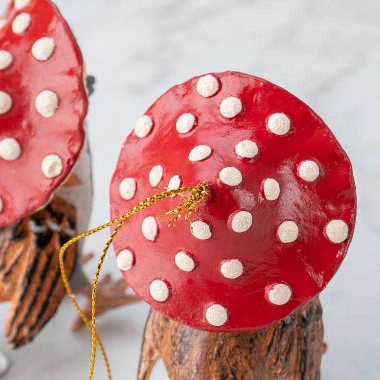 Набор из двух ёлочных игрушек Птицы под мухоморами Set Of 2 Mushroom Birds Brown/Red 12,5 cm