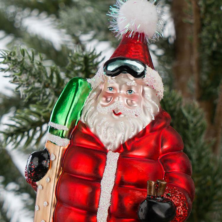 Набор из двух ёлочных игрушек Санты с лыжами Set Of 2 Glass Santas With Skis Red Green 15 cm