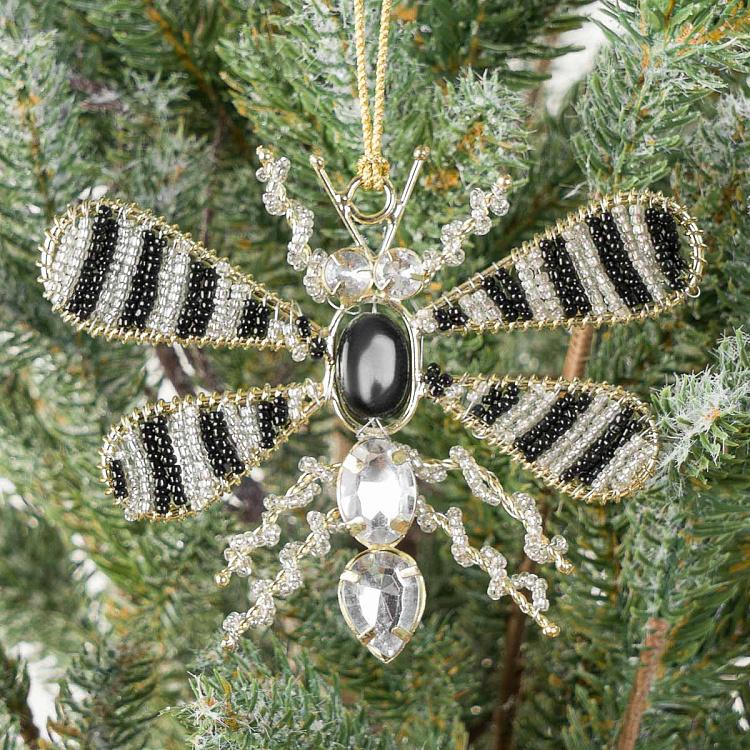 Новогодняя подвеска Золотисто-чёрная стрекоза из бисера  Beads Dragonfly Gold Black 18 cm