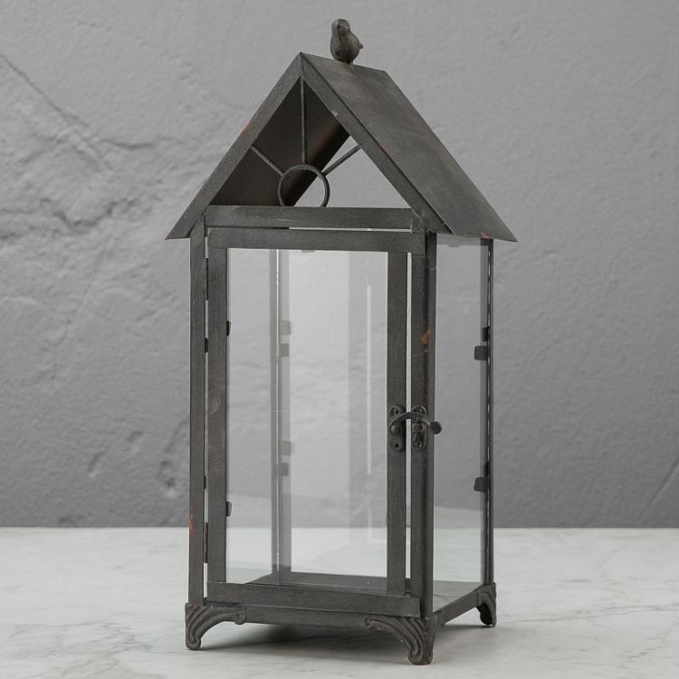 Подсвечник Скворечник с птицей Aged Gray Metal Lantern House Shape