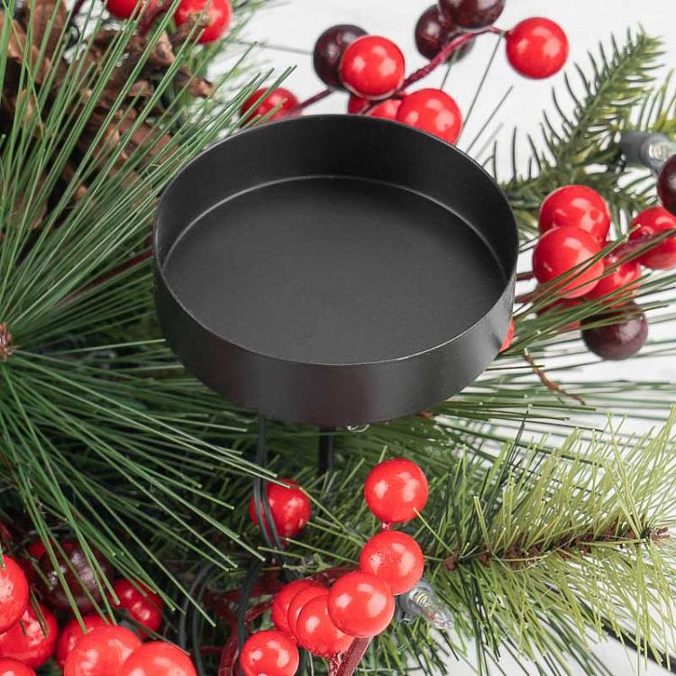 Светодиодный подсвечник-венок на батарейках с шишками и ягодами Led Lantern Metal Pine/Berry On 3 Batteries