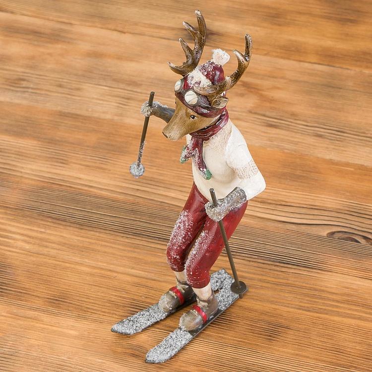 Новогодняя фигурка Олень на лыжах Skiing Deer Cream Burgundy 28,5 cm