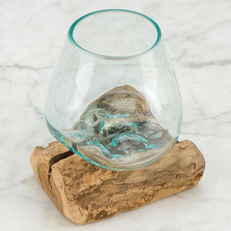 Стеклянная мини-ваза на основании из корней тика Vase En Verre Sur Support Racine