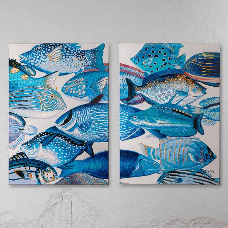 Картина диптих Голубые рыбы, акрил, холст Set Of 2 Canvas Acrylic Painting Blue Fish