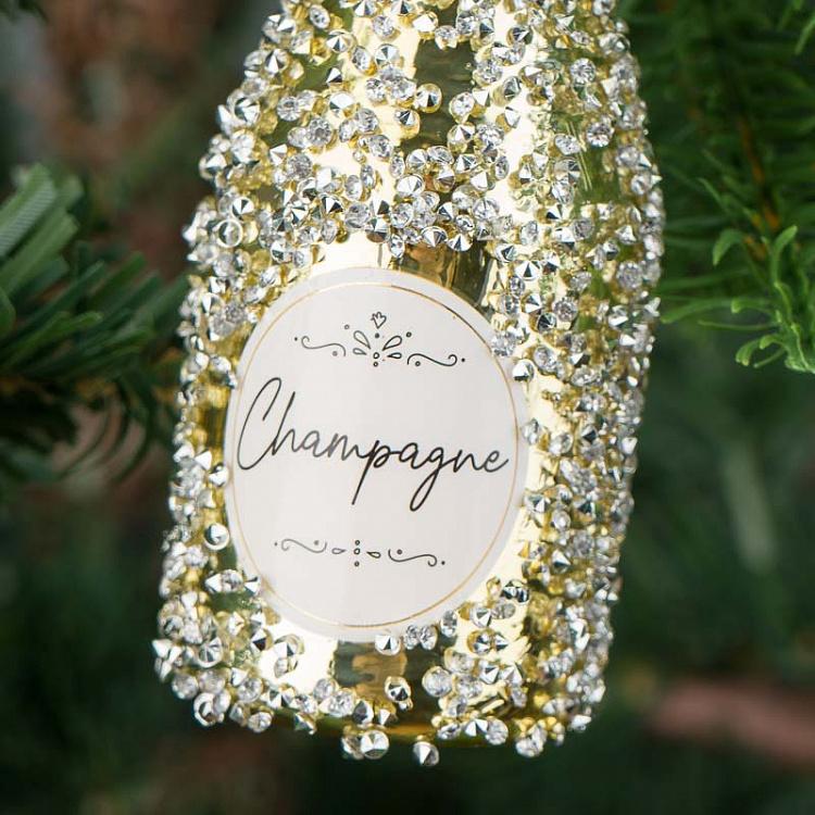 Ёлочная игрушка с бисером Бутылка шампанского Glass Beaded Champagne Bottle Gold 12,5 cm