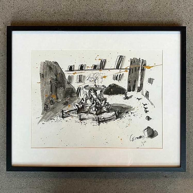 Рисунок тушью с золотом Фонтан Черепах Fontana Delle Tartarughe Drawing With Gold