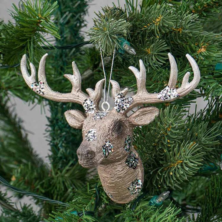 Ёлочная игрушка Голова оленя цвета шампань в блёстках Hanger Deer Head Champagne With Glitter 16 cm
