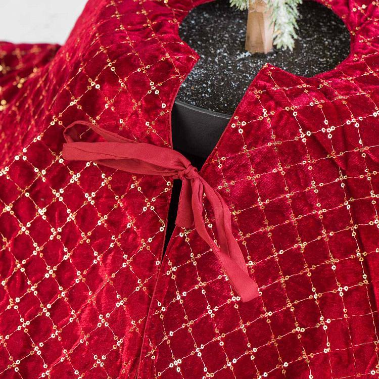 Бордовый коврик-юбка под ёлку в золотистую клетку Christmas Tree Skirt Burgundy And Gold 93 cm