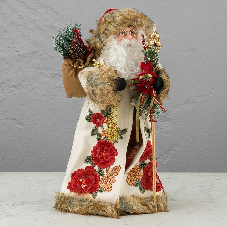 Новогодняя фигурка Санта в белой с цветочным узором шубе Santa Claus In White Fur Coat With Flowers 46 cm
