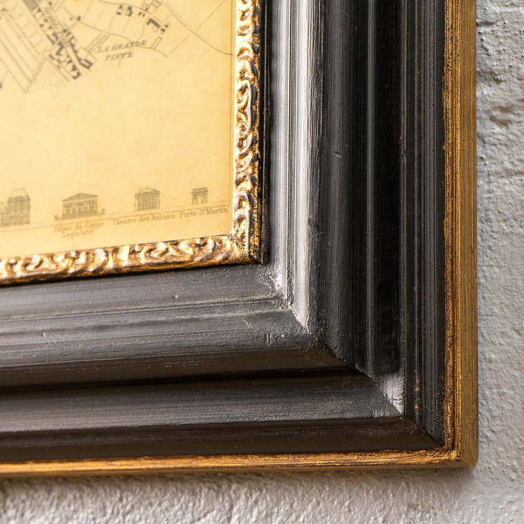 Винтажная картина-принт в чёрной с золотом раме Старинные карты Париж, Франция, 1834 Vintage Maps Paris, France, 1834, MP1 Frame
