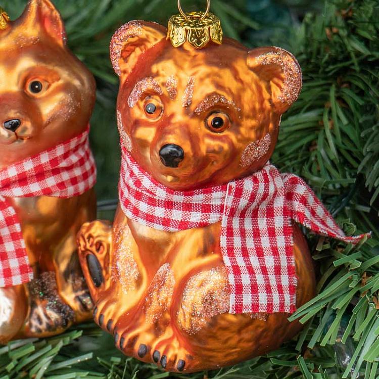 Набор из двух ёлочных игрушек Медведь и лиса в шарфе тартан Set Of 2 Glass Tartan Scarf Bear And Fox Brown 10 cm