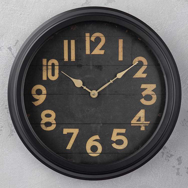 Чёрные настенные часы с деревянным циферблатом Black Clock With Wood Face