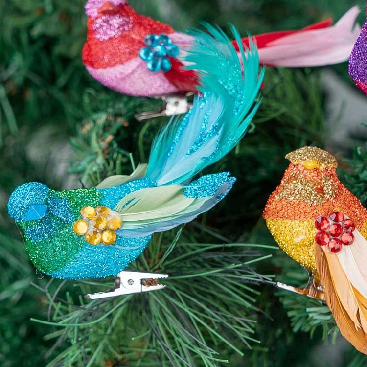 Набор из четырёх ёлочных игрушек Разноцветные блестящие птички на прищепке Set Of 4 Sequin Glitter Birds On Clip Multi 12,5 cm