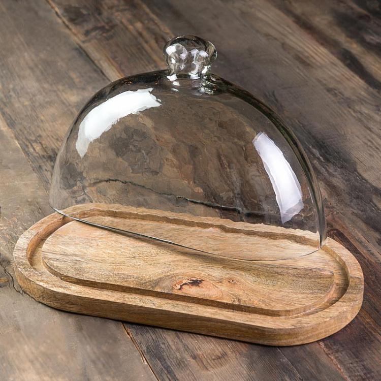 Деревянная доска со стеклянным колпаком Oval Wooden Cake Plate With Cover