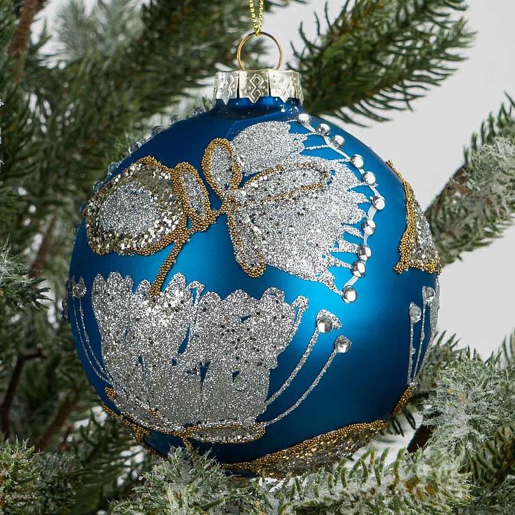 Набор из двух синих ёлочных шаров с серебряными цветами Set Of 2 Glass Sequence Flower Ball Blue Silver 10 cm