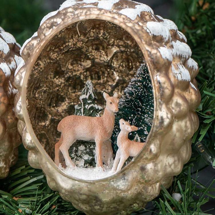 Набор из двух ёлочных игрушек Олени и сова в открытой шишке Set Of 2 Glass Deer And Owl In Open Pinecones Brown 10 cm
