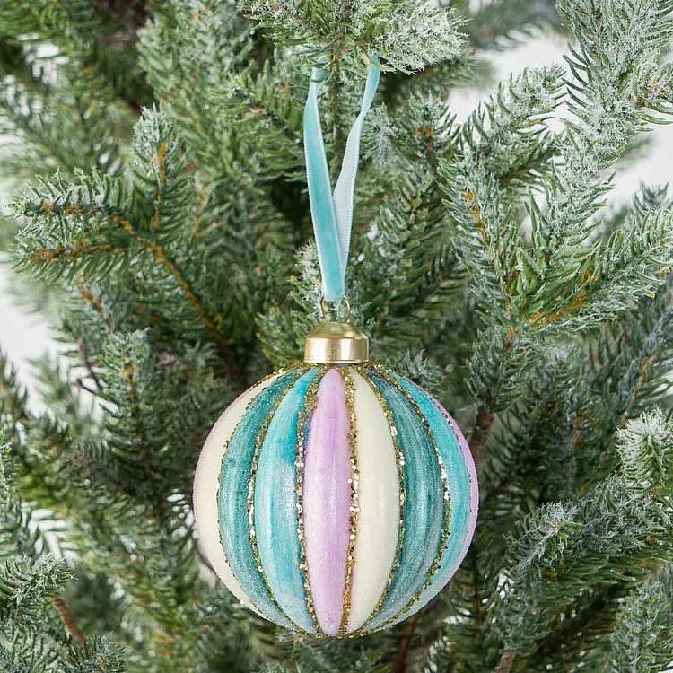 Ёлочная игрушка Розово-бирюзовый бархатный шар в полоску Velvet Striped Ball Pink Turquoise 8 cm