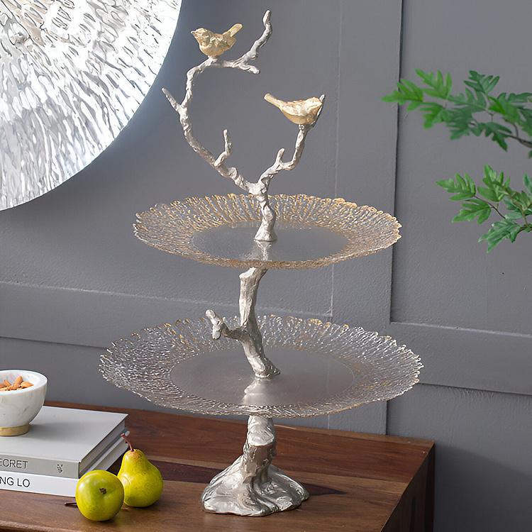 Двухуровневая сервировочная подставка с птицами и золотистым стеклом Atelier 2 Tier Plates Gold